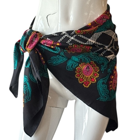Diane Von Furstenberg Colorful Black Multi Paisley and Plaid Square Silk Scarf - Picture 13 of 15